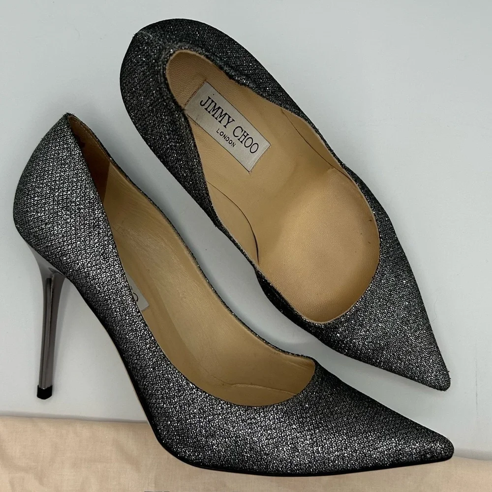 Jimmy Choo Sz 38.5 Shoes Silver Grey Glitter Women's Heels - Picture 2 of 11